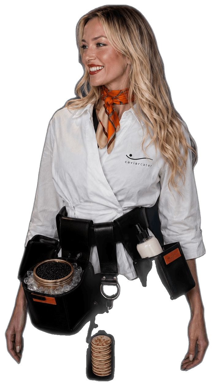 Caviar Cater hostess wearing a roaming caviar service belt with tin and spoon