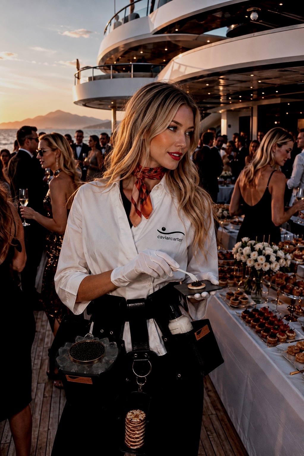 Caviar attendant serving guests on a yacht deck at sunset