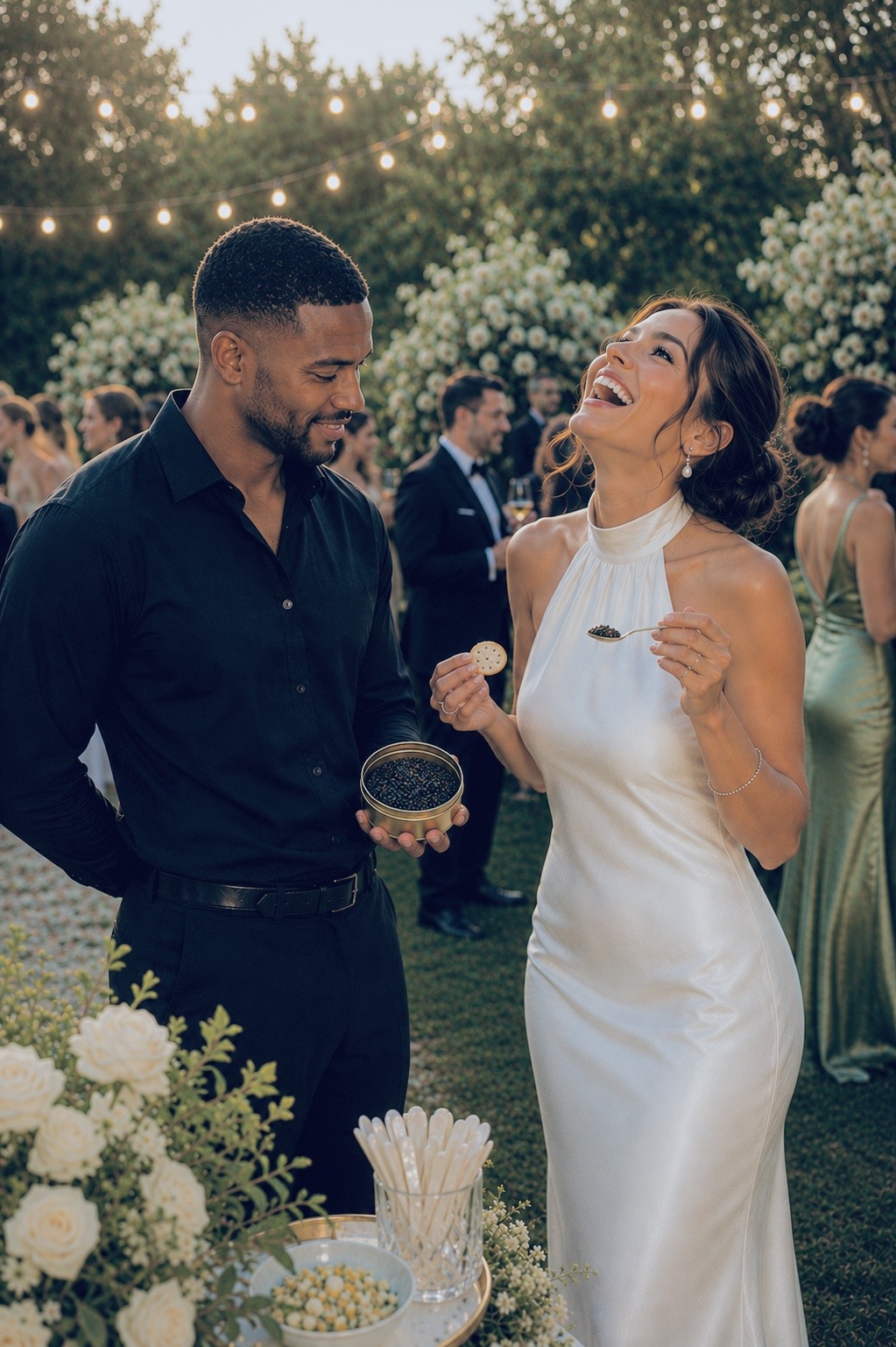 Couple laughing while sharing caviar at an outdoor garden celebration