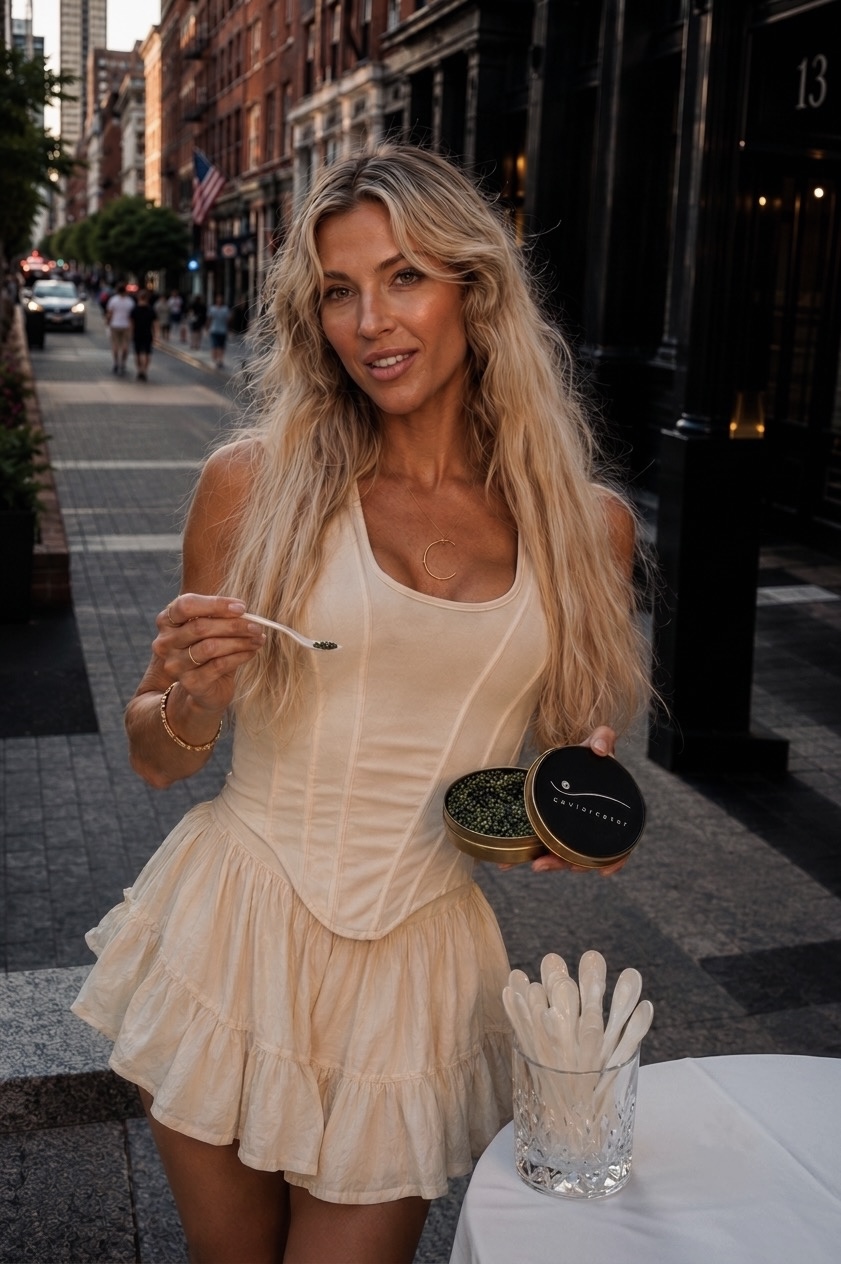 Guest holding a tin of caviar on a city street at dusk