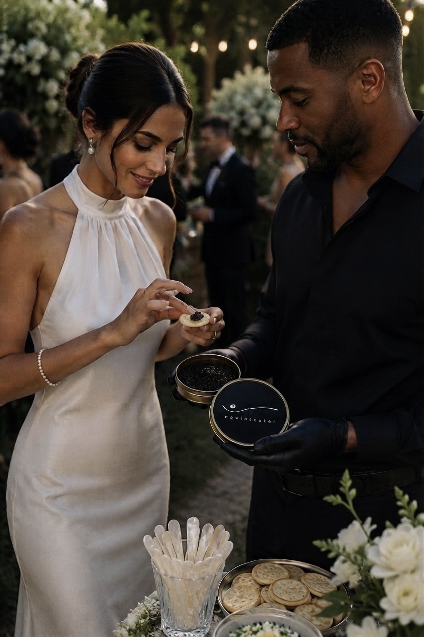 Caviar attendant serving a couple from a branded tin at an intimate garden gathering