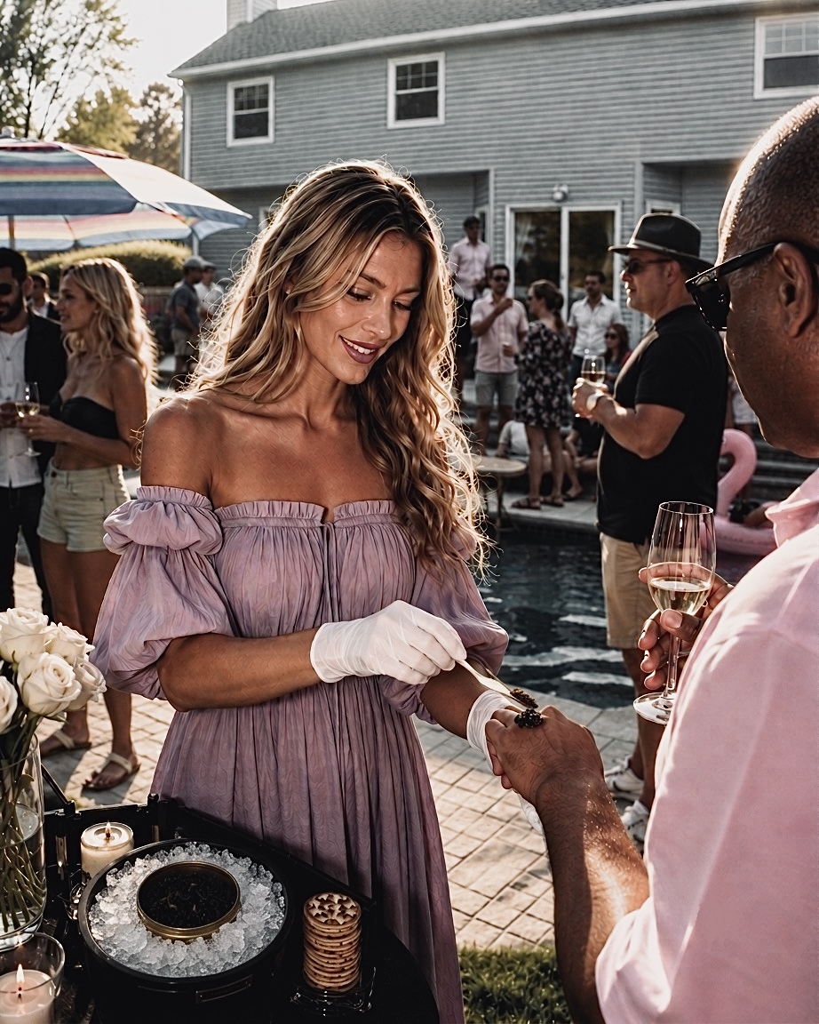 Caviar attendant serving a guest poolside at a waterfront backyard celebration