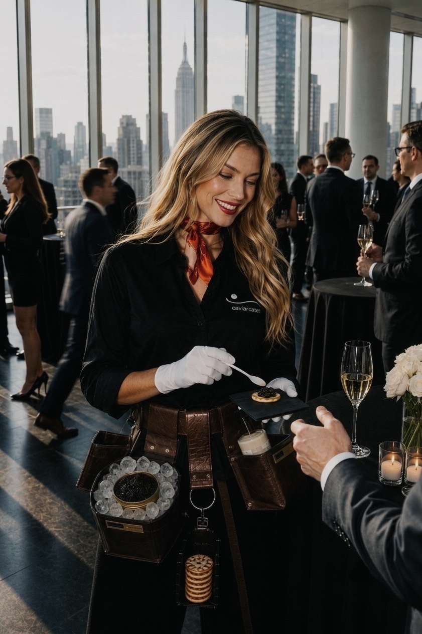 Caviar attendant serving guests at a rooftop event overlooking the New York City skyline
